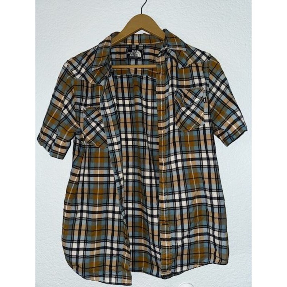 The North Face Plaid Shirt Mens Blue Brown Short Sleeve Button Up Dual Pocket